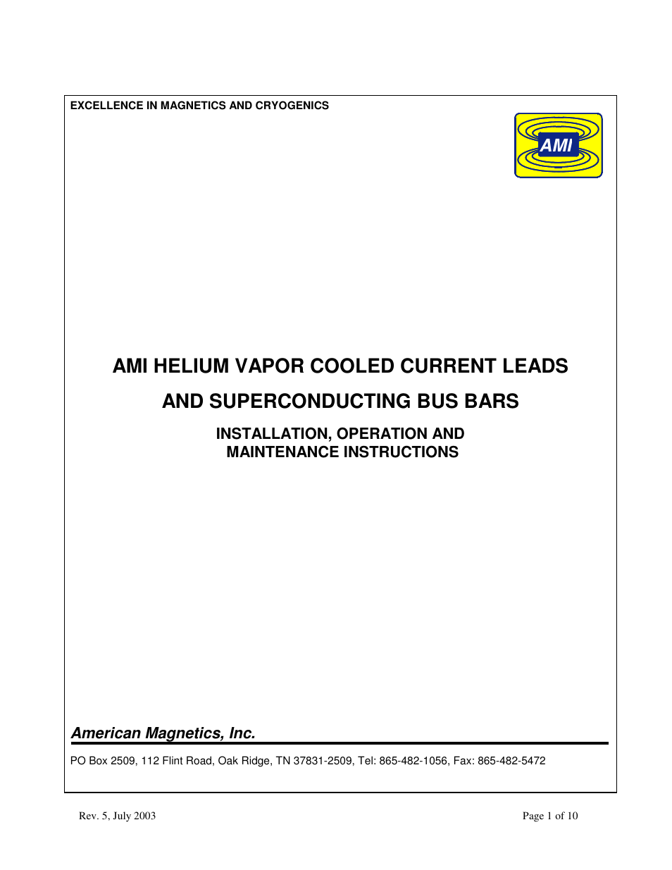 American Magnetics Current Leads for Cryogenic Systems Manual User Manual | 10 pages