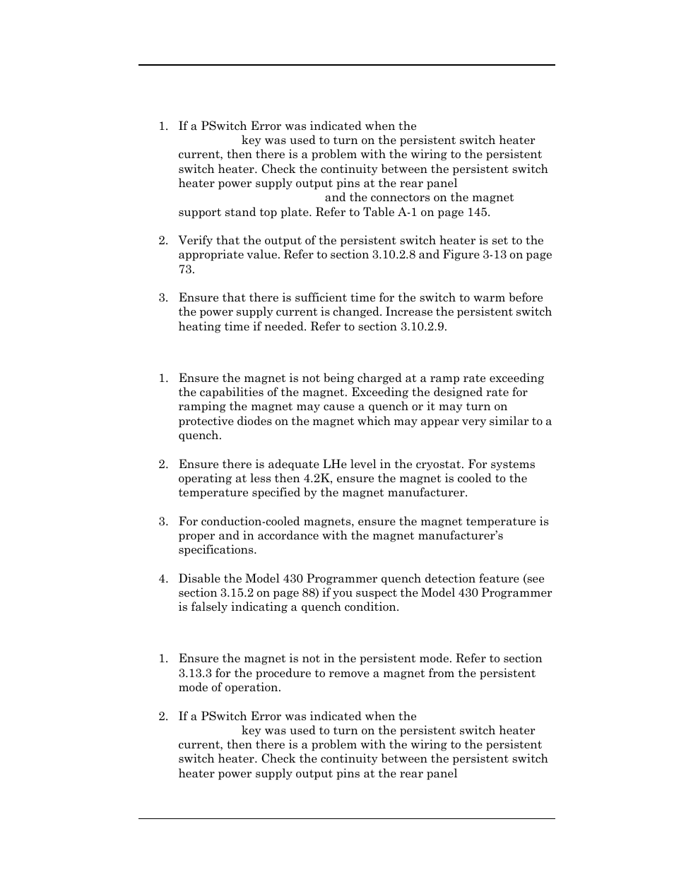 11 cannot bring the magnet out of persistent mode, 12 the magnet quenches for no apparent reason, 13 cannot lower the magnet field | Service | American Magnetics 4Q06250PS-430 Integrated Power Supply System User Manual | Page 158 / 216