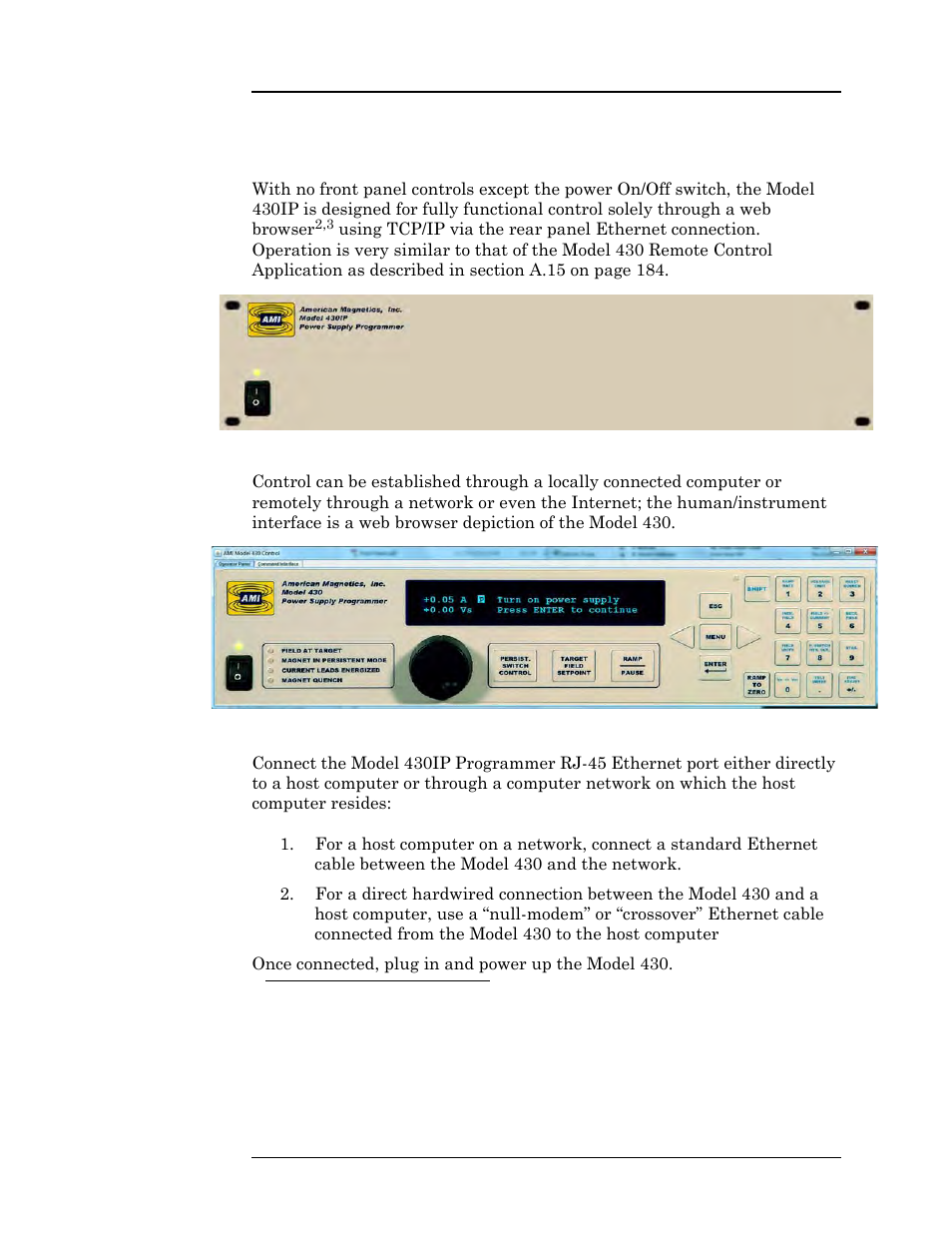 A.16 model 430ip power supply programmer, Figure a-6. model 430ip front panel, Figure a-7. browser depiction of the model 430 | Appendix | American Magnetics 4Q06250PS-430 Integrated Power Supply System User Manual | Page 205 / 216