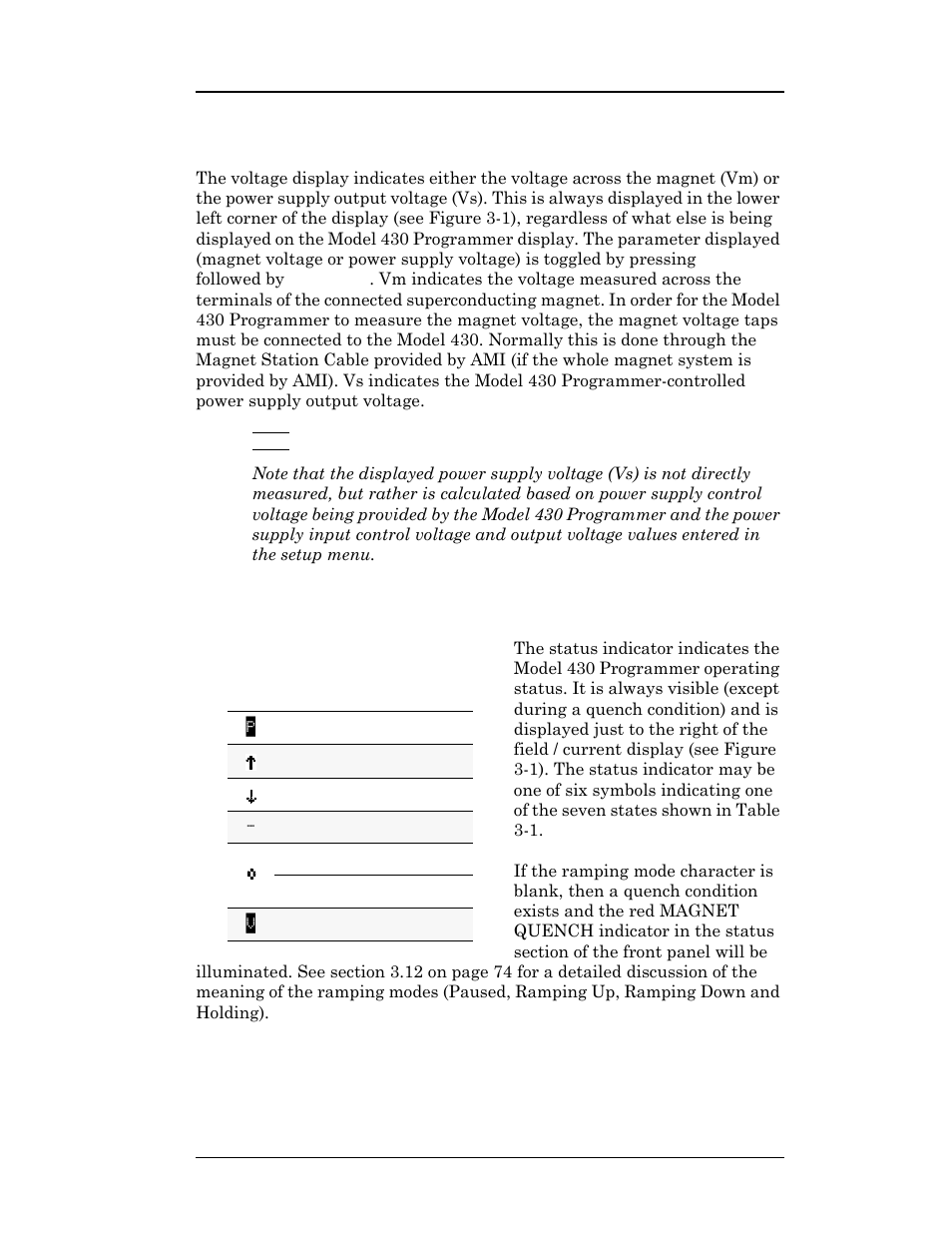 2 voltage display, 3 status indicator, Table 3-1. description of status indicators | Table 3-1, Description of status indicators, Operation | American Magnetics 4Q06250PS-430 Integrated Power Supply System User Manual | Page 42 / 216