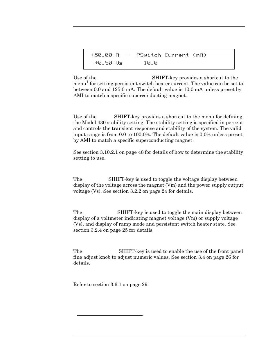 8 persistent switch heater current shift-key, 9 stability shift-key, 10 vs <> vm shift-key | 11 volt meter shift-key, 12 fine adjust shift-key, 13 persist. switch control shift-key, Operation | American Magnetics 4Q06250PS-430 Integrated Power Supply System User Manual | Page 57 / 216