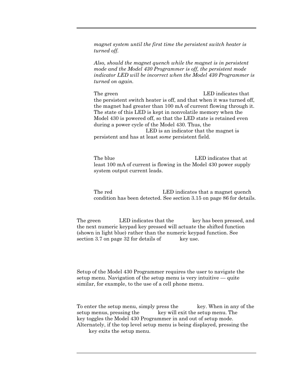 3 current leads energized indicator, 4 magnet quench indicator, 3 shift indicator | 9 setup menu, 1 entering / exiting setup menu, Operation | American Magnetics 4Q06250PS-430 Integrated Power Supply System User Manual | Page 59 / 216