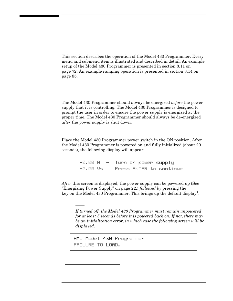 3 operation, 1 system power on/off sequence, 1 model 430 programmer power on/off | Operation | American Magnetics 4Q12125PS-430 Integrated Power Supply System User Manual | Page 39 / 216