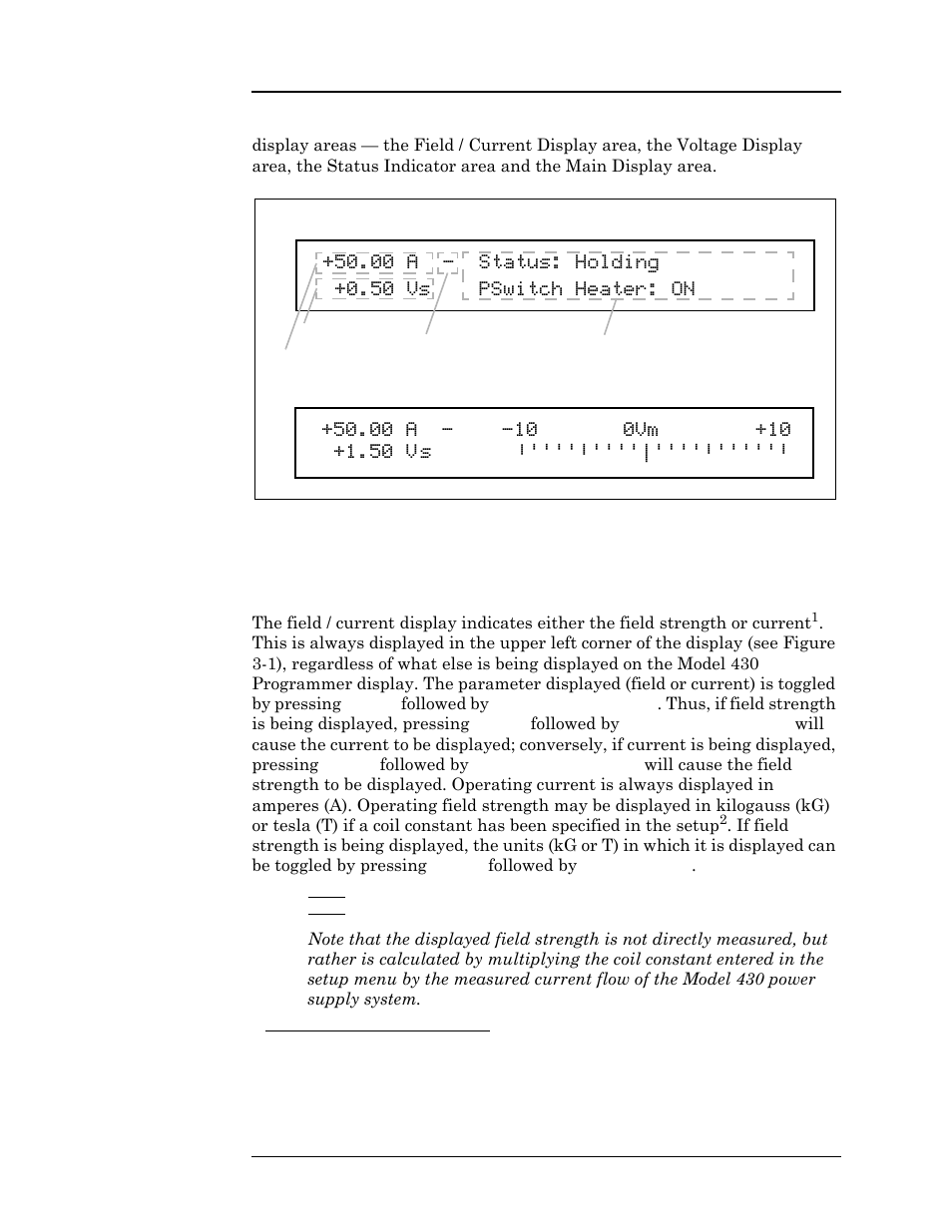 Figure 3-1. default display, 1 field / current display, Figure 3-1 default display | Field). refer to sections 3.2.1 an, Operation | American Magnetics 4Q12125PS-430 Integrated Power Supply System User Manual | Page 41 / 216