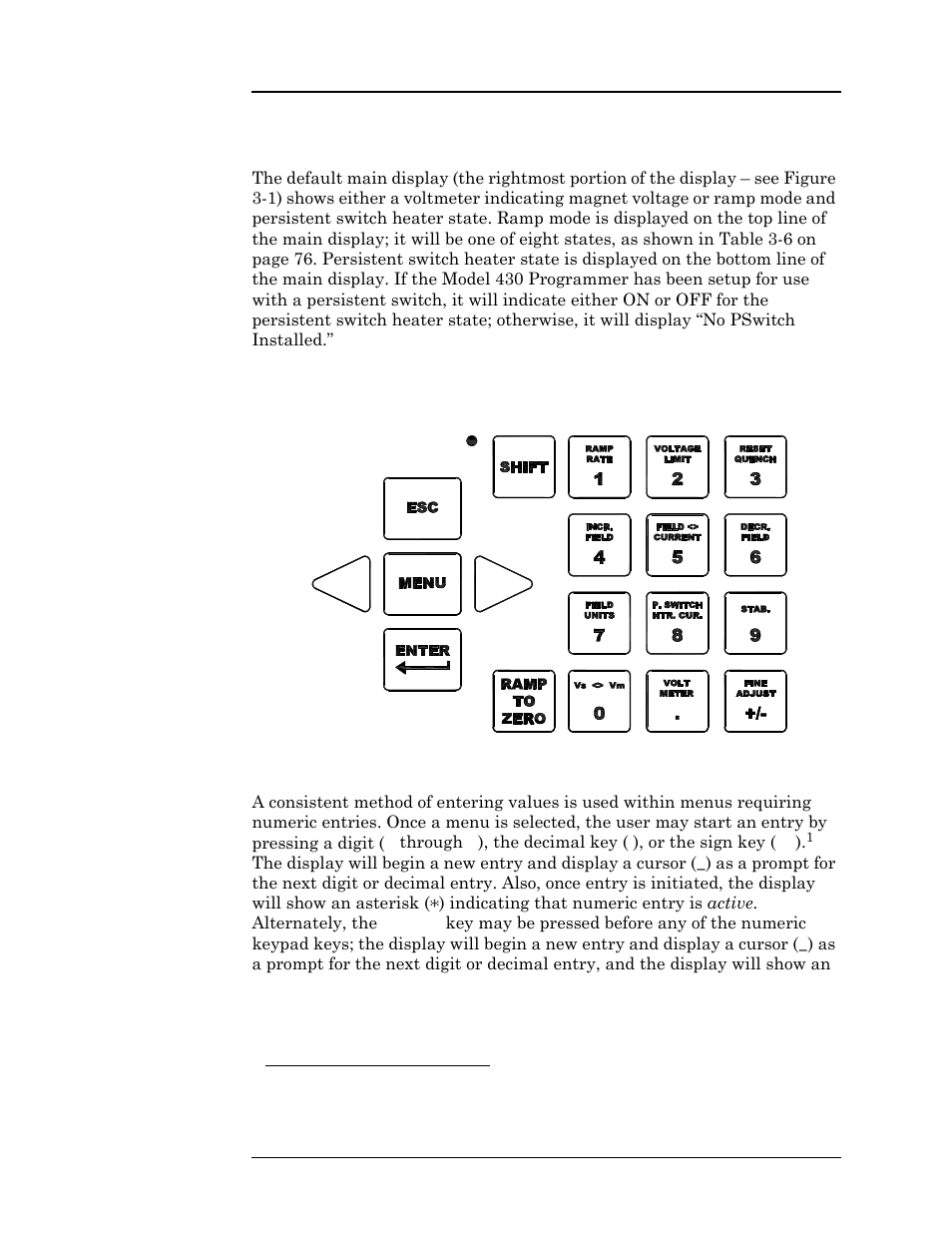 4 main display, 3 entering numeric values, Figure 3-2. numeric keypad and associated keys | Figure 3-2 numeric keypad and associated keys, Operation | American Magnetics 4Q12125PS-430 Integrated Power Supply System User Manual | Page 43 / 216