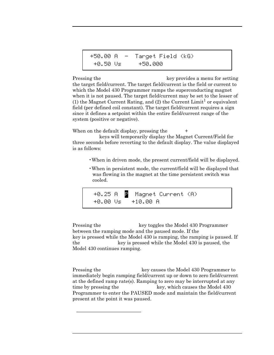 2 target field setpoint key, 3 ramp / pause key, 4 ramp to zero key | Operation | American Magnetics 4Q12125PS-430 Integrated Power Supply System User Manual | Page 49 / 216