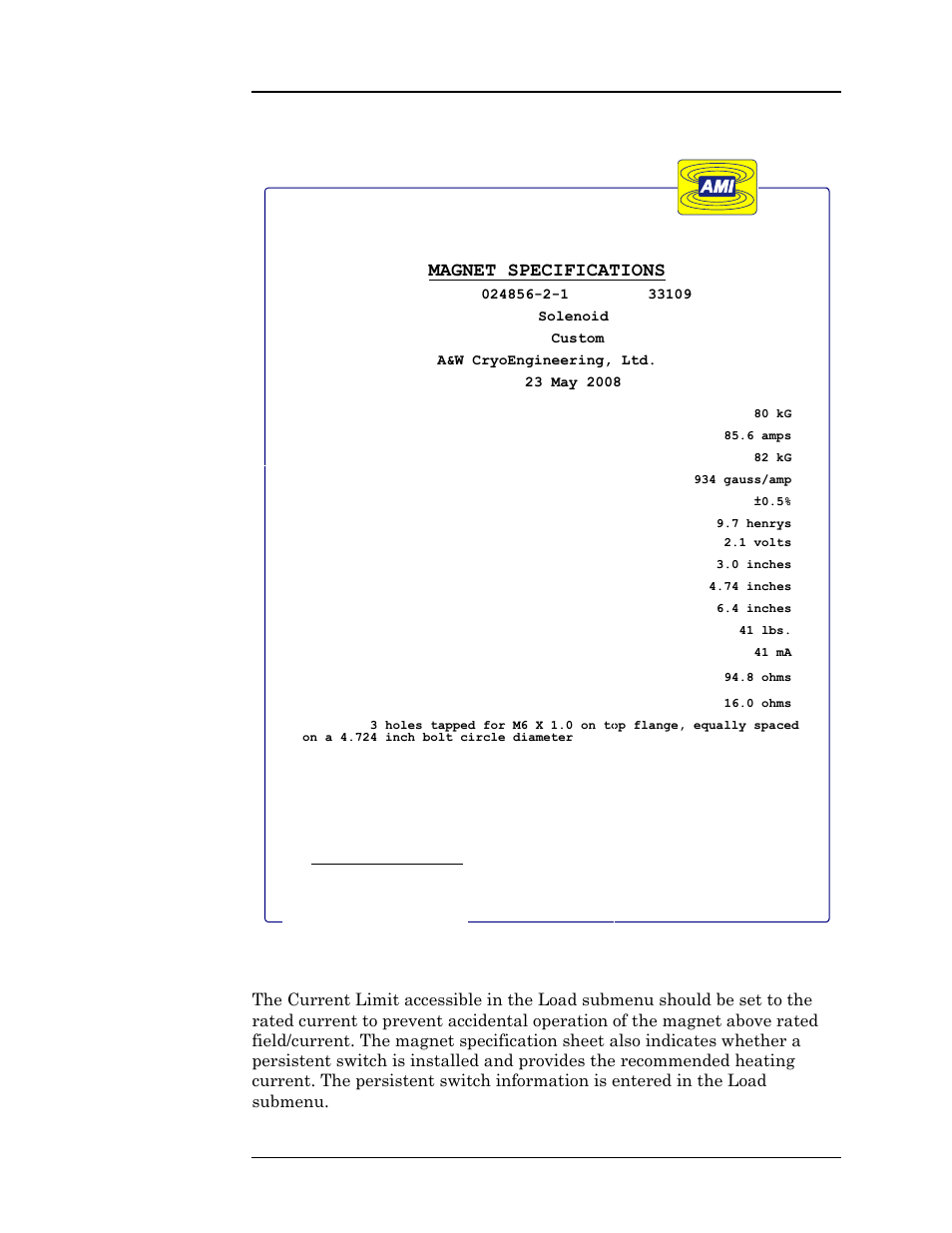 Figure 3-13. example magnet specification sheet, Figure 3-13 example magnet specification sheet, American magnetics, inc | Operation | American Magnetics 4Q12125PS-430 Integrated Power Supply System User Manual | Page 91 / 216