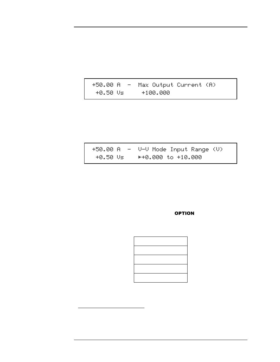 5 max output current, 6 v-v mode input range, Table 3-3 | Operation | American Magnetics 420 Power Supply Programmer User Manual | Page 61 / 134