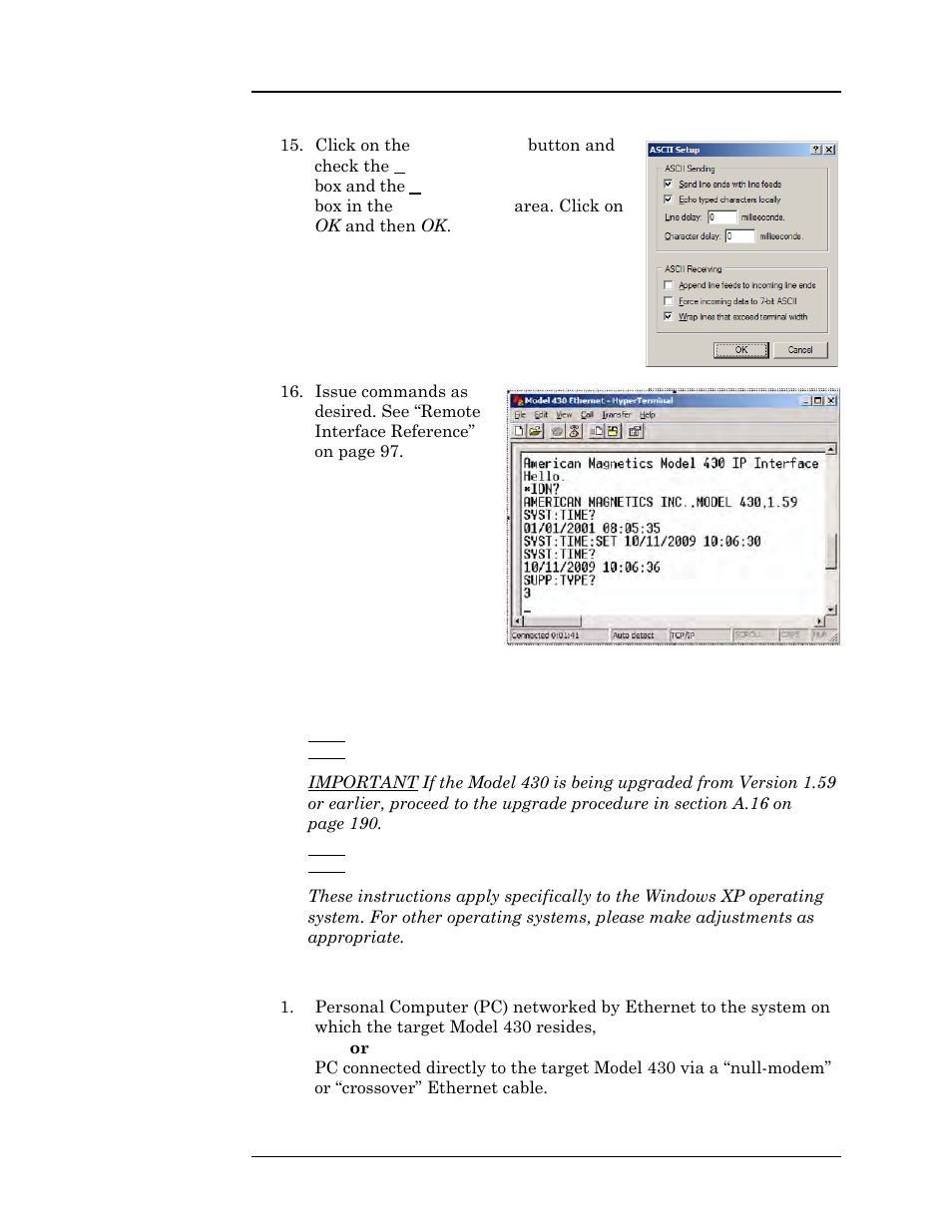 A.15 upgrading the model 430 firmware via ftp, A.15.1 hardware and software requirements, Appendix | American Magnetics 05100PS-430-601 High Stability Integrated Power Supply System User Manual | Page 201 / 226