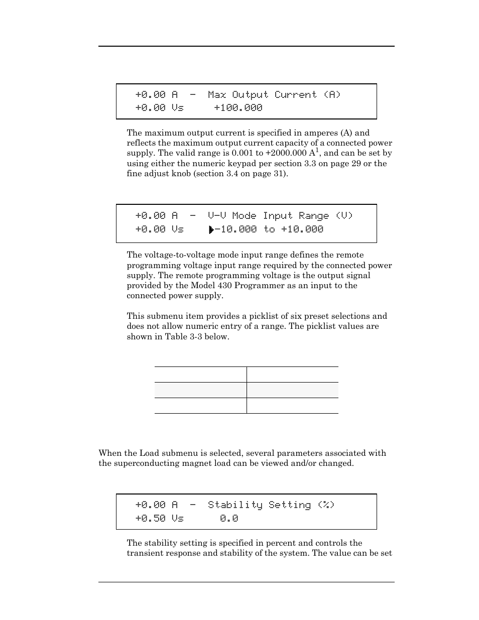 Table 3-3. v-v mode input range picklist values, 2 load submenu, 1 stability setting | Table 3-3, V-v mode input range picklist values, Operation | American Magnetics 05100PS-430-601 High Stability Integrated Power Supply System User Manual | Page 70 / 226