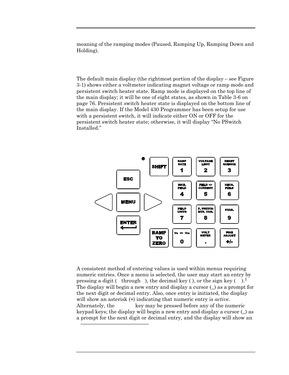 4 main display, 3 entering numeric values, Figure 3-2. numeric keypad and associated keys | Figure 3-2 numeric keypad and associated keys, Operation | American Magnetics 4Q12125PS-430 High Stability Integrated Power Supply System User Manual | Page 43 / 216