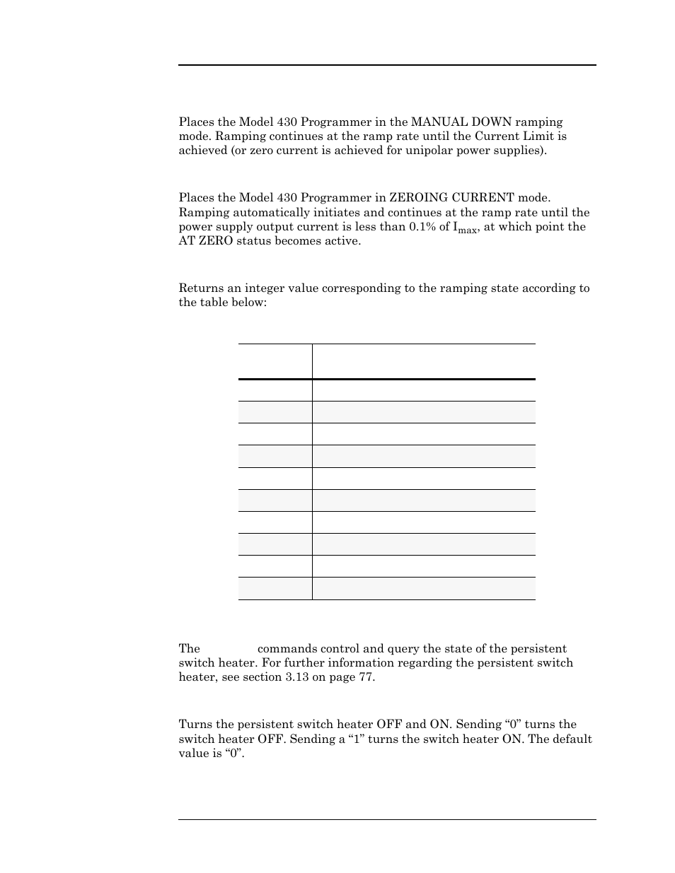 7 switch heater command and query, Table 4-5, Return values and meanings for | State, Remote interface reference | American Magnetics 4Q1005PS-430 Integrated Power Supply System User Manual | Page 143 / 214