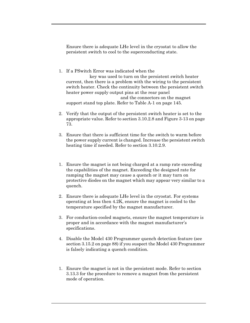 10 cannot place the magnet in persistent mode, 11 cannot bring the magnet out of persistent mode, 12 the magnet quenches for no apparent reason | 13 cannot lower the magnet field, Service | American Magnetics 4Q1005PS-430 Integrated Power Supply System User Manual | Page 158 / 214