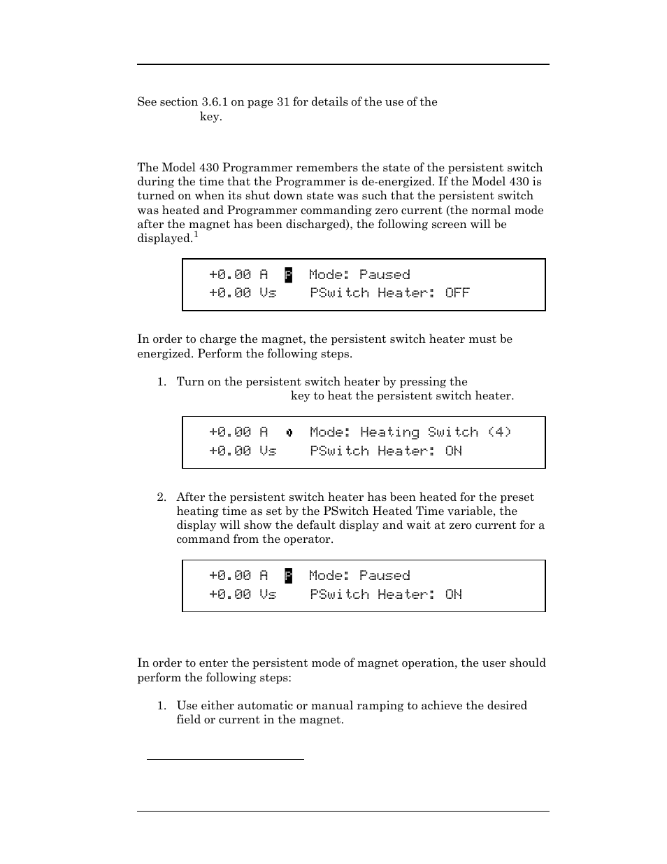 1 procedure for initial heating of the switch, 2 procedure for entering persistent mode | American Magnetics 05200PS-430-601 Integrated Power Supply System User Manual | Page 98 / 224
