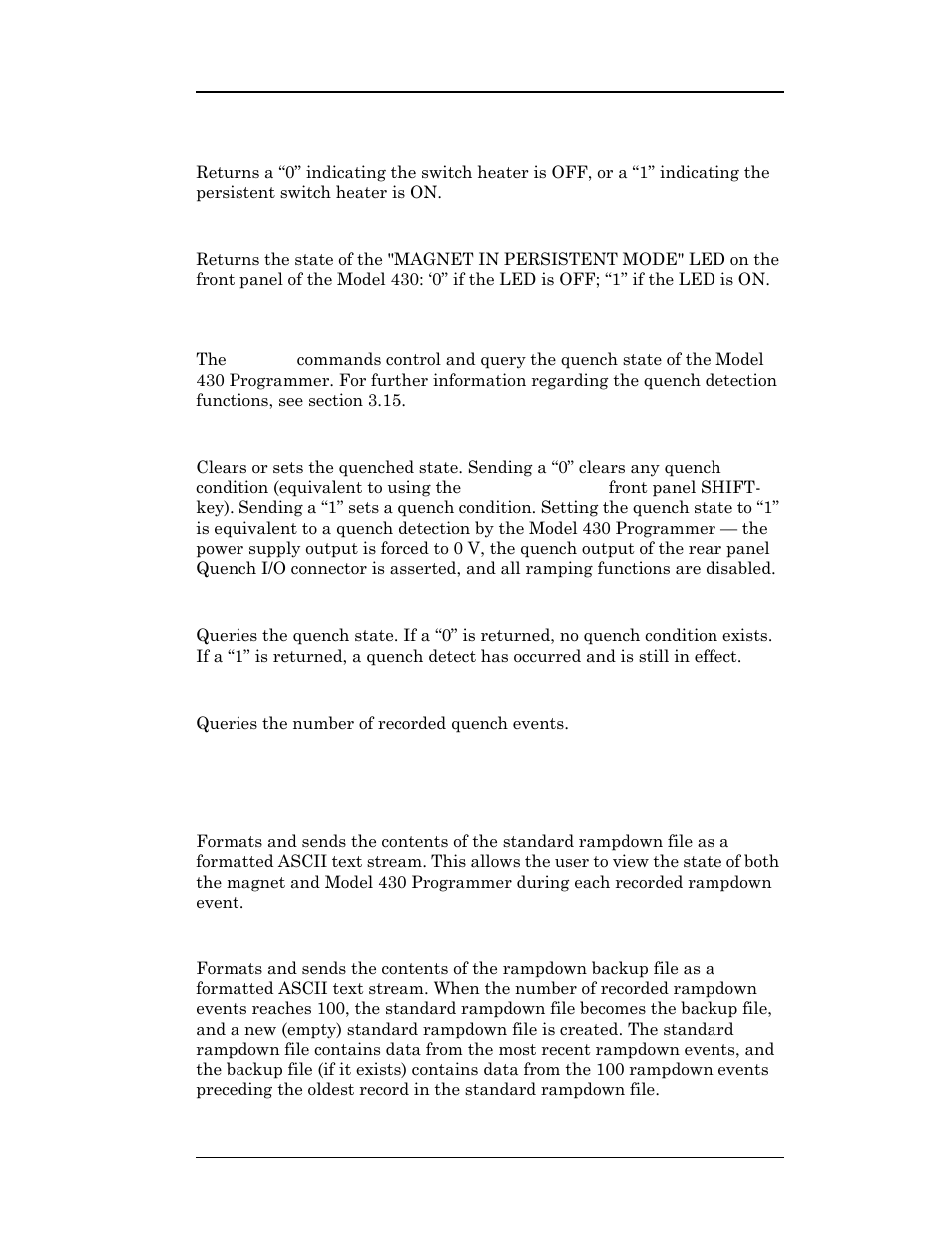 8 quench state commands and queries, 9 rampdown state queries, Remote interface reference | American Magnetics 4Q1010PS-430 Integrated Power Supply System User Manual | Page 144 / 214