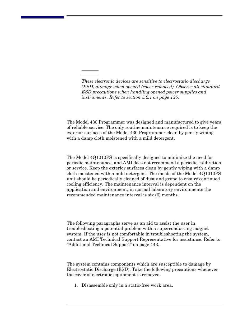 5 service, 1 system component maintenance, 1 model 430 programmer routine maintenance | 2 model 4q1010ps power supply routine maintenance, 2 troubleshooting hints, 1 electrostatic discharge precautions, Service | American Magnetics 4Q1010PS-430 Integrated Power Supply System User Manual | Page 153 / 214