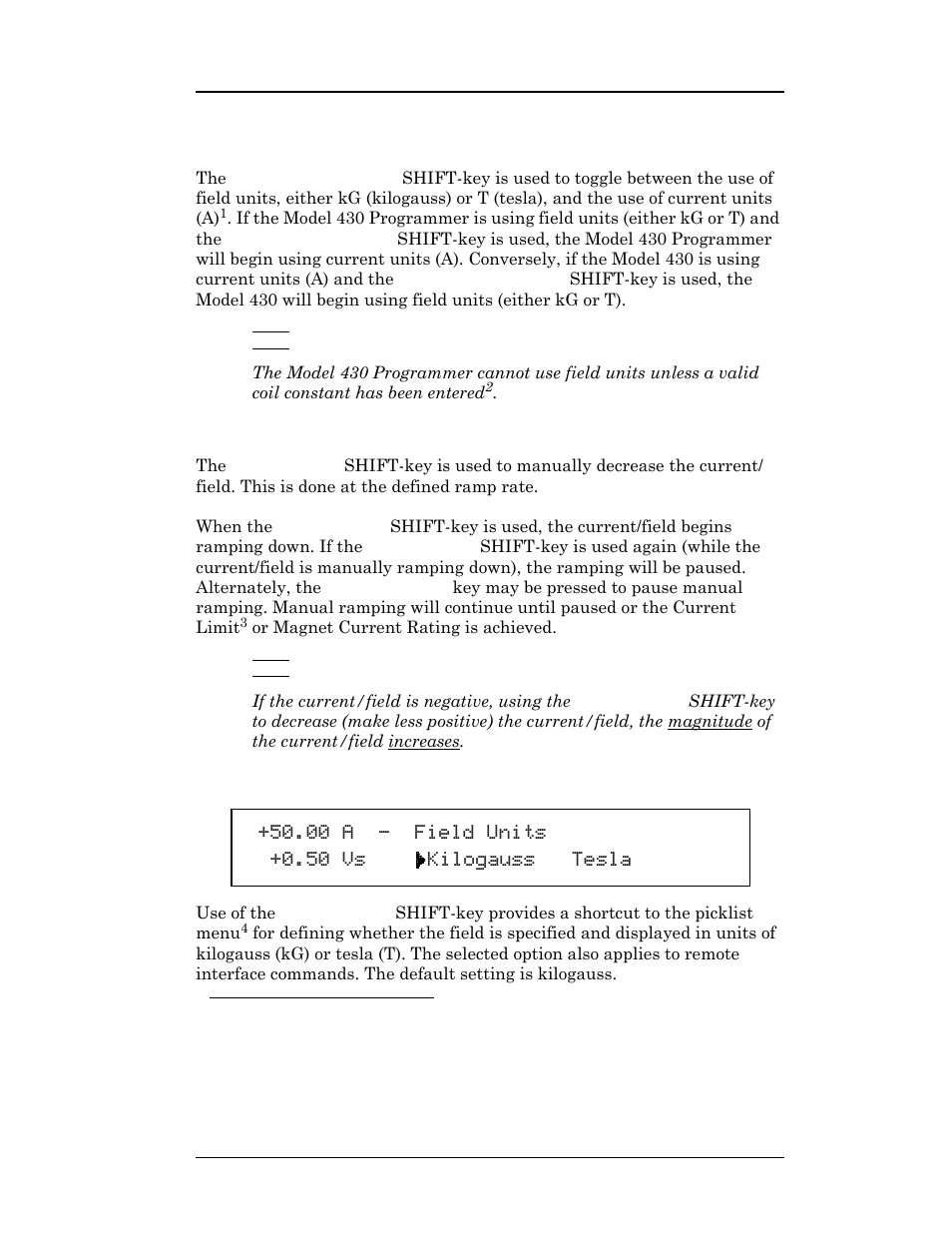 5 field <> current shift-key, 6 decrement field shift-key, 7 field units shift-key | D 3.7.5, Operation | American Magnetics 4Q1010PS-430 Integrated Power Supply System User Manual | Page 56 / 214