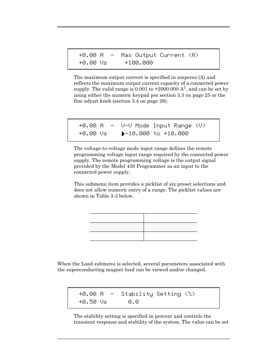 Table 3-3. v-v mode input range picklist values, 2 load submenu, 1 stability setting | Table 3-3, V-v mode input range picklist values, Operation | American Magnetics 4Q1010PS-430 Integrated Power Supply System User Manual | Page 66 / 214