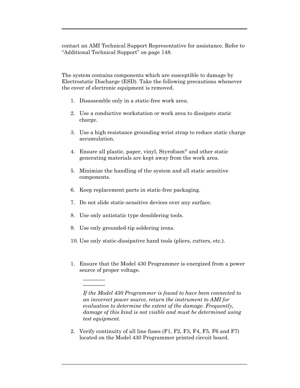 1 electrostatic discharge precautions, 2 the model 430 does not appear to be energized, Service | American Magnetics 05300PS-430-601 High Stability Integrated Power Supply System User Manual | Page 158 / 226