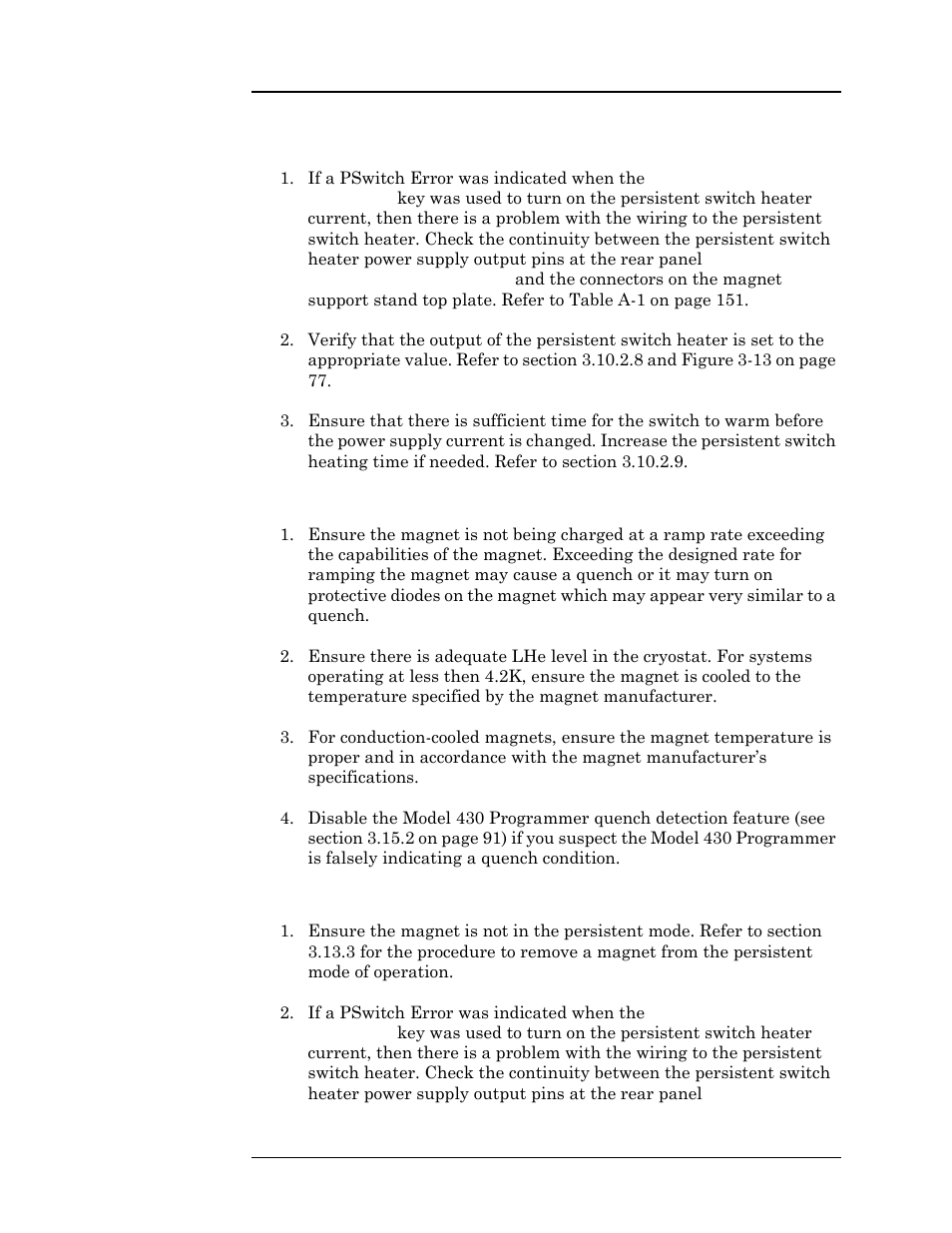 10 cannot bring the magnet out of persistent mode, 11 the magnet quenches for no apparent reason, 12 cannot lower the magnet field | Service | American Magnetics 05300PS-430-601 High Stability Integrated Power Supply System User Manual | Page 163 / 226