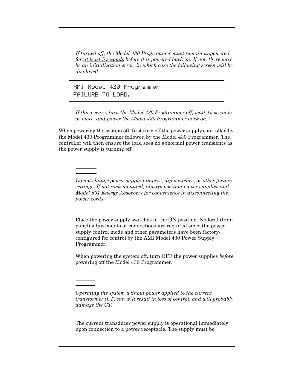 2 energizing power supply and components, 1 power supply, 2 zero flux current transducer power supply | Wer supply can be powered up (see, Operation, Ami model 430 programmer failure to load | American Magnetics 05300PS-430-601 High Stability Integrated Power Supply System User Manual | Page 44 / 226