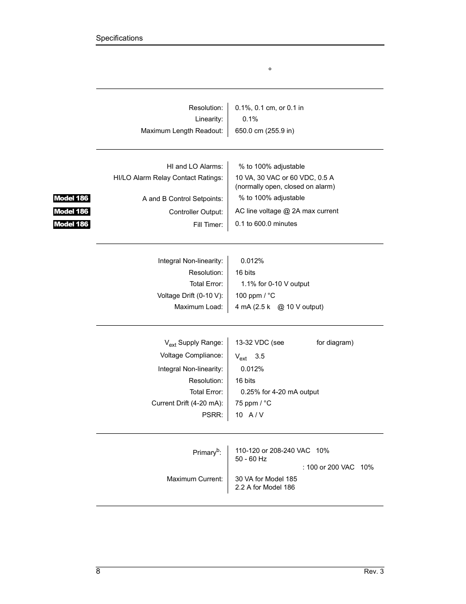 6 model 185/186 specifications @ 25 ˚c, 6 model 185/186 specifications @ 25 °c, Introduction | American Magnetics 185 & 186 Liquid Level Instruments (CE-Marked) User Manual | Page 18 / 82