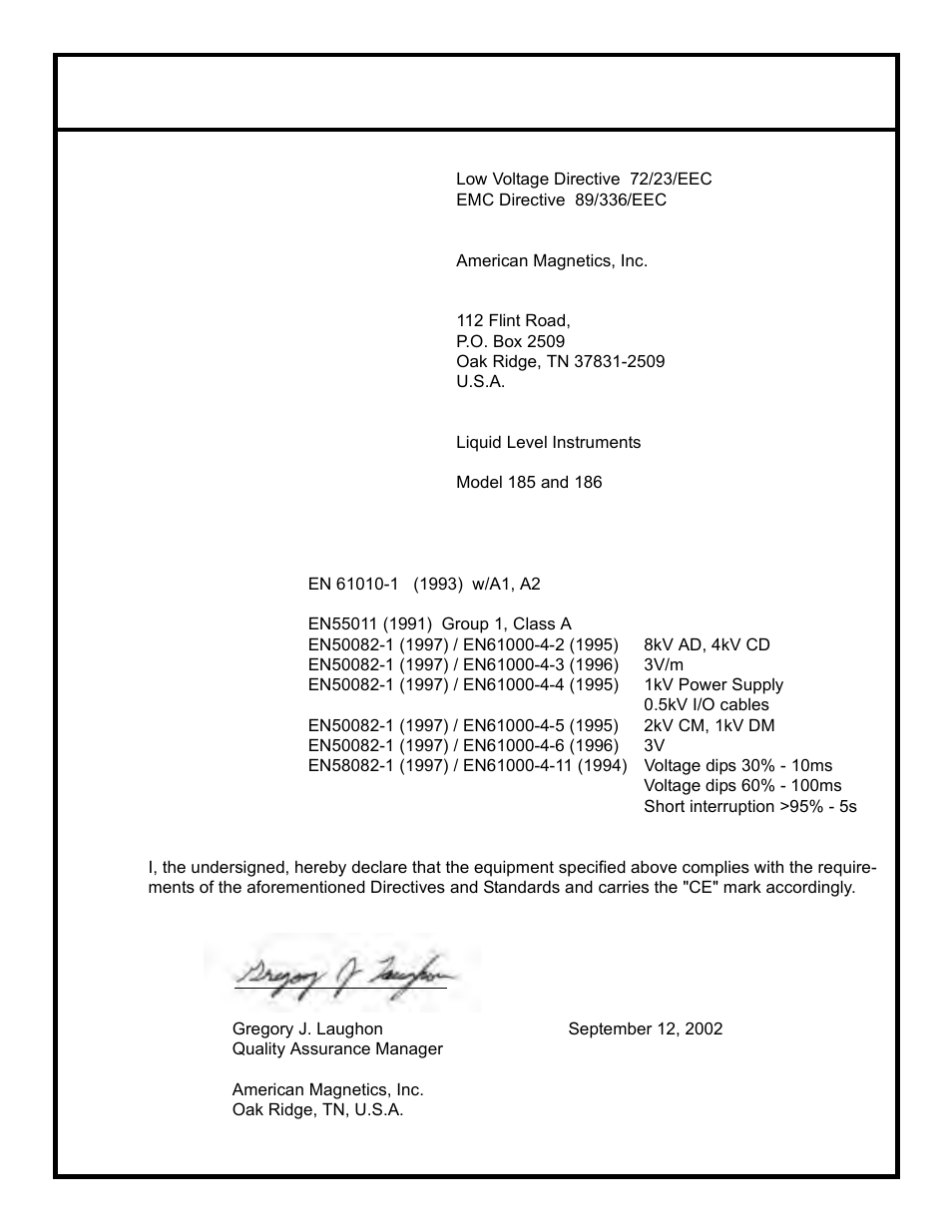 Declaration of conformance, Declaration of conformity | American Magnetics 185 & 186 Liquid Level Instruments (CE-Marked) User Manual | Page 3 / 82