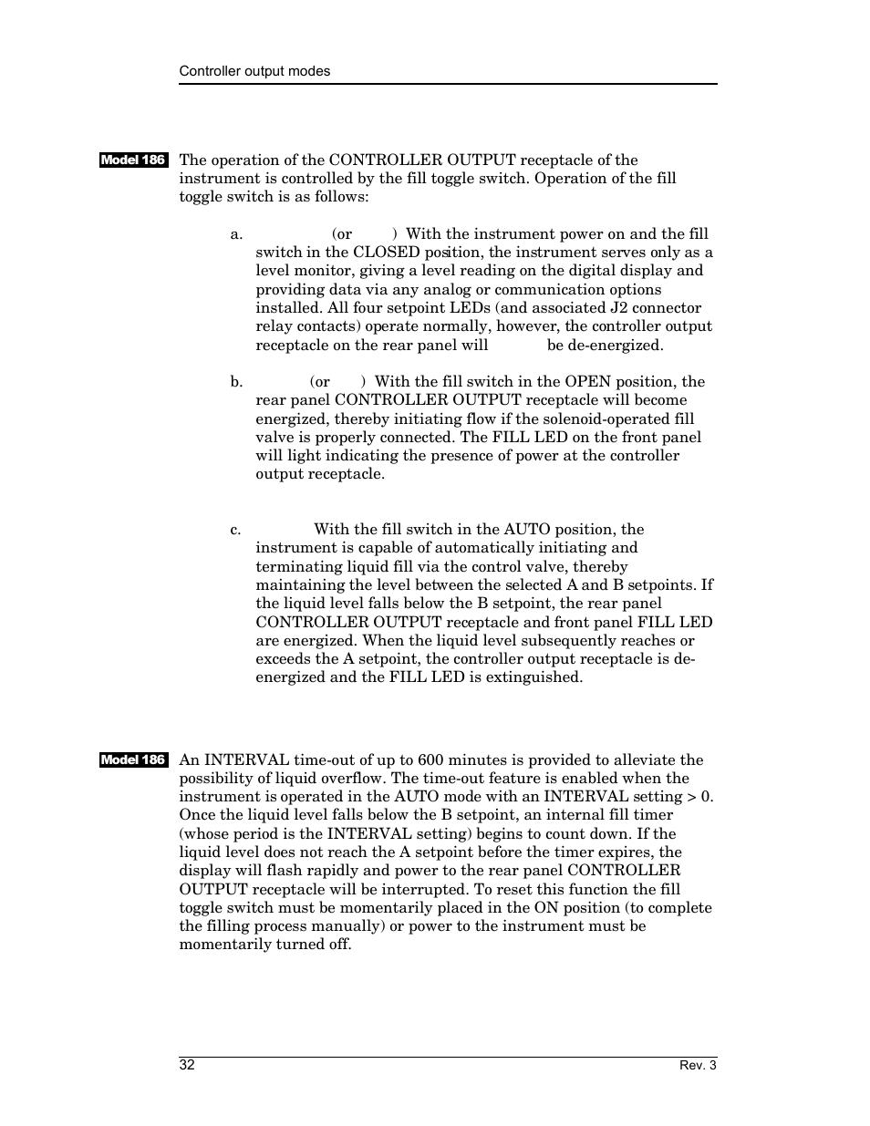 5 select the operational mode of the controller, Output receptacle, 6 configure the interval setting (fill timer) | If desired, Operation | American Magnetics 185 & 186 Liquid Level Instruments (CE-Marked) User Manual | Page 42 / 82