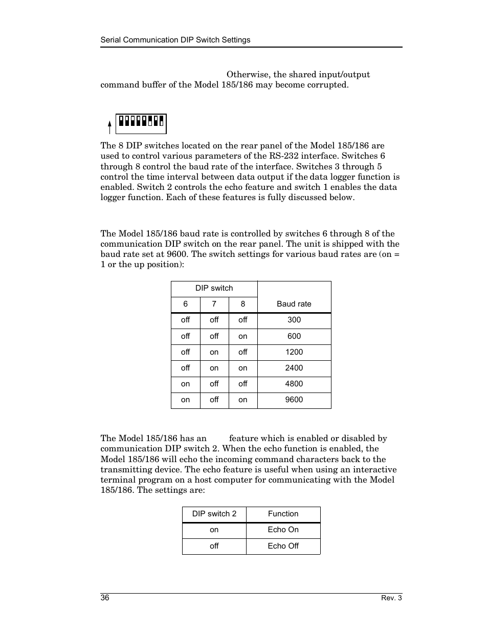 3 serial communication dip switch settings, 1 baud rate control, 2 echo function | Remote interface reference | American Magnetics 185 & 186 Liquid Level Instruments (CE-Marked) User Manual | Page 46 / 82