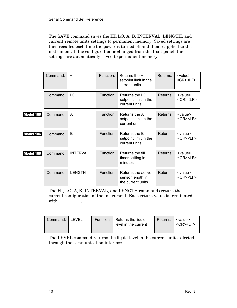 3 commands for querying the configuration, 4 command for returning a level measurement, Remote interface reference | American Magnetics 185 & 186 Liquid Level Instruments (CE-Marked) User Manual | Page 50 / 82