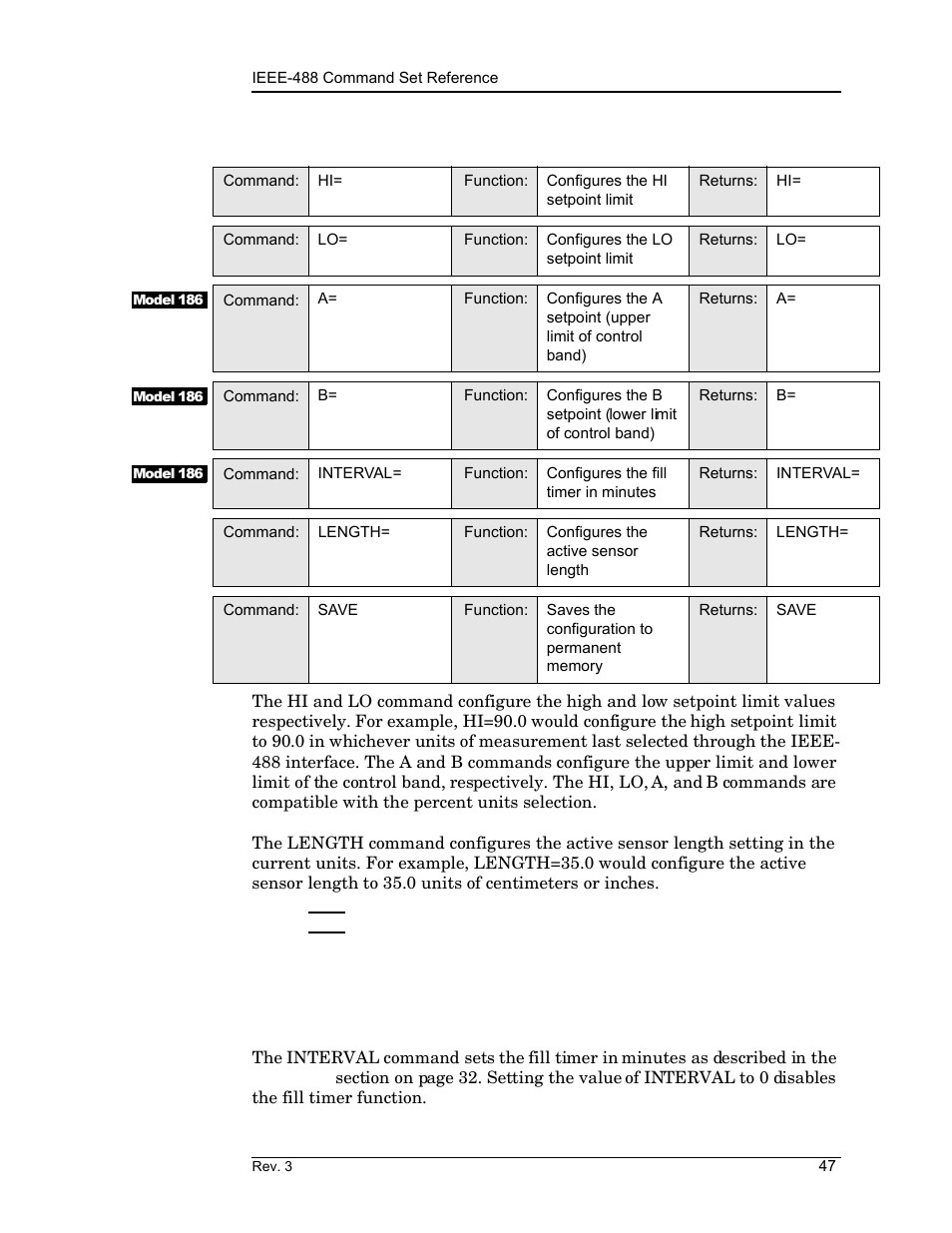 3 commands for configuring permanent memory, Remote interface reference | American Magnetics 185 & 186 Liquid Level Instruments (CE-Marked) User Manual | Page 57 / 82