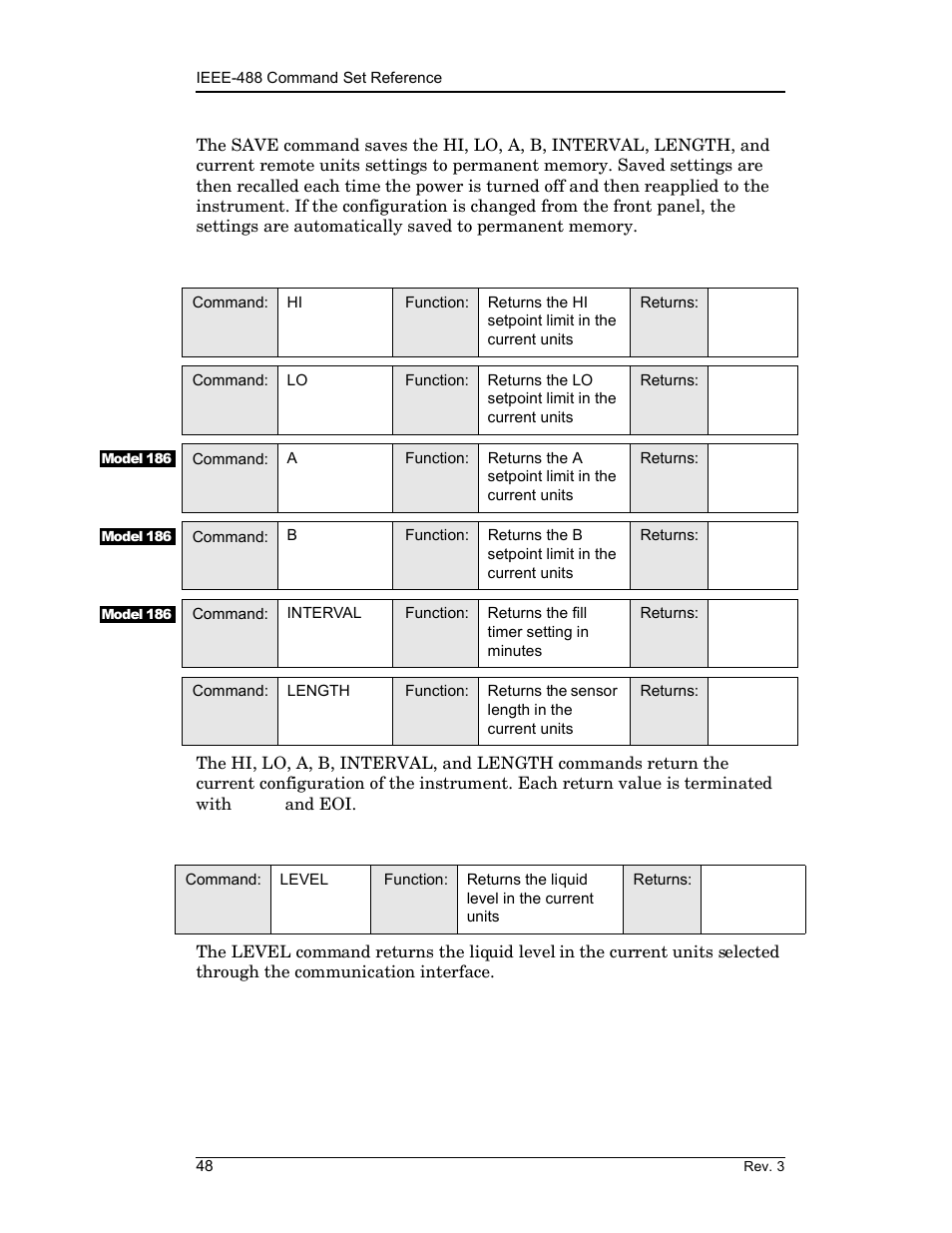 4 commands for querying the configuration, 5 command for returning a level measurement, Remote interface reference | American Magnetics 185 & 186 Liquid Level Instruments (CE-Marked) User Manual | Page 58 / 82