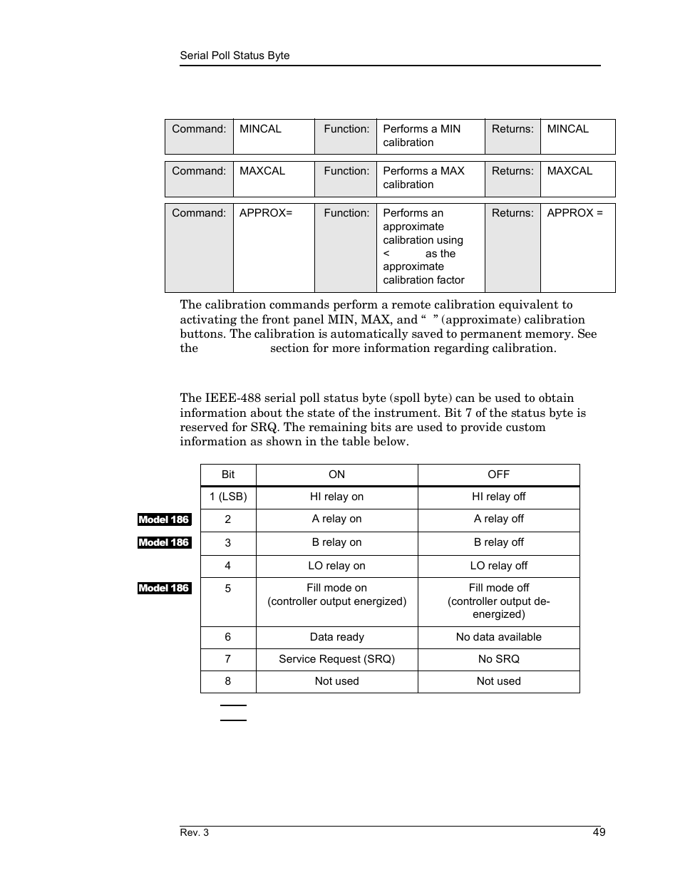 6 commands for performing remote calibration, 5 serial poll status byte, Remote interface reference | American Magnetics 185 & 186 Liquid Level Instruments (CE-Marked) User Manual | Page 59 / 82