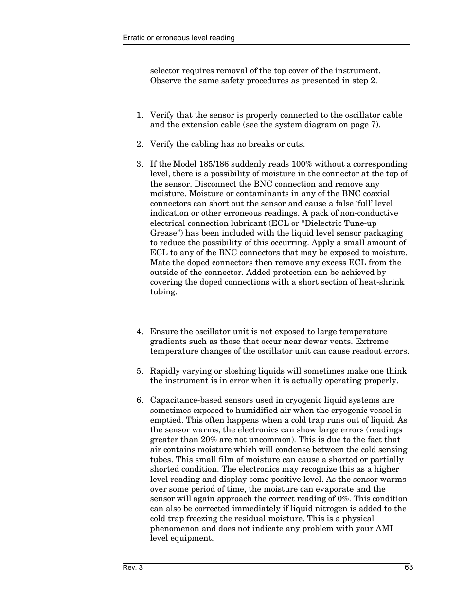 2 erratic or erroneous level reading, Service guide | American Magnetics 185 & 186 Liquid Level Instruments (CE-Marked) User Manual | Page 73 / 82