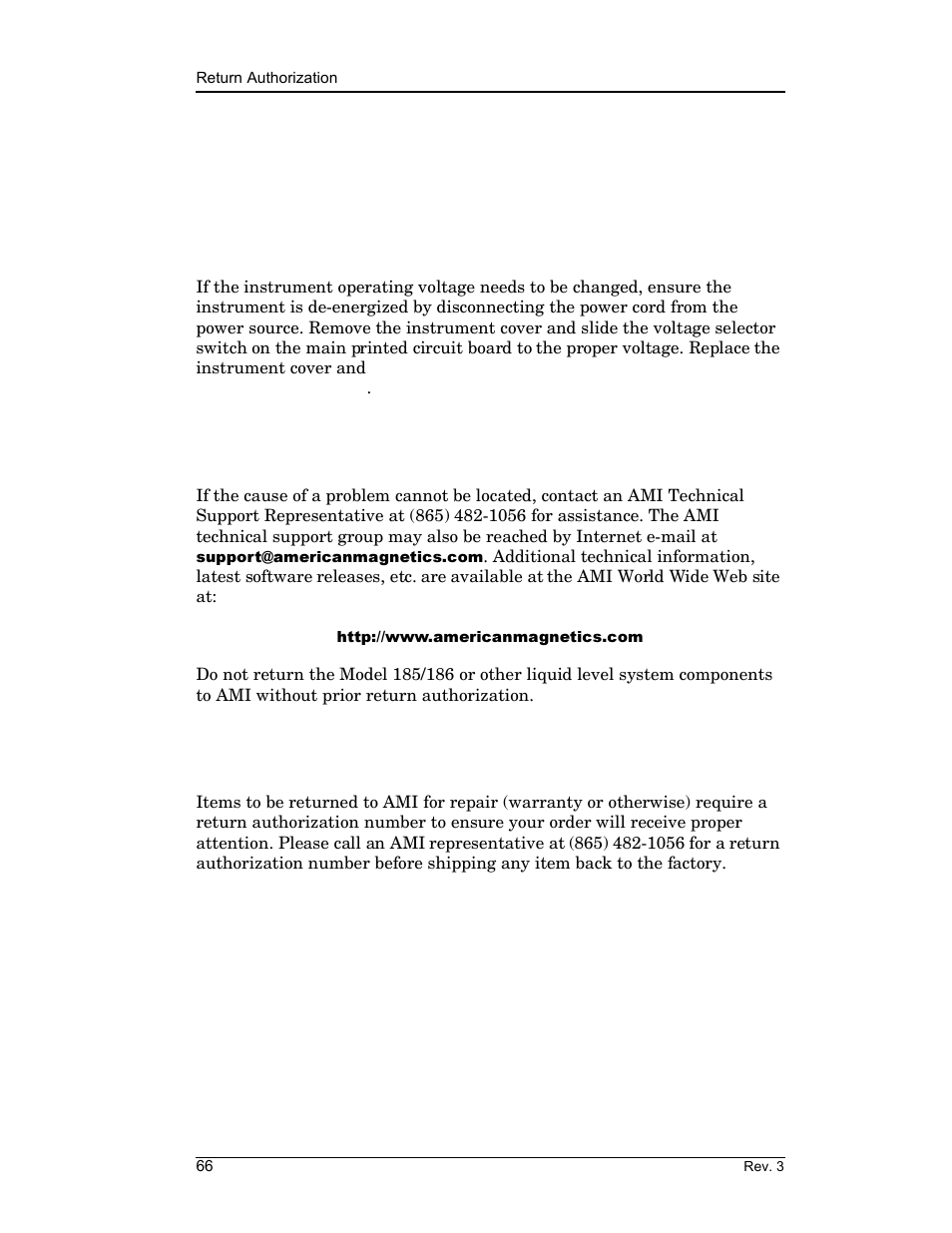 3 additional technical support, 4 return authorization, Service guide | American Magnetics 185 & 186 Liquid Level Instruments (CE-Marked) User Manual | Page 76 / 82