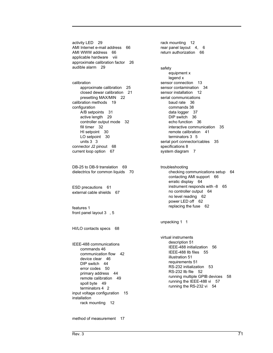 Index | American Magnetics 185 & 186 Liquid Level Instruments (CE-Marked) User Manual | Page 81 / 82