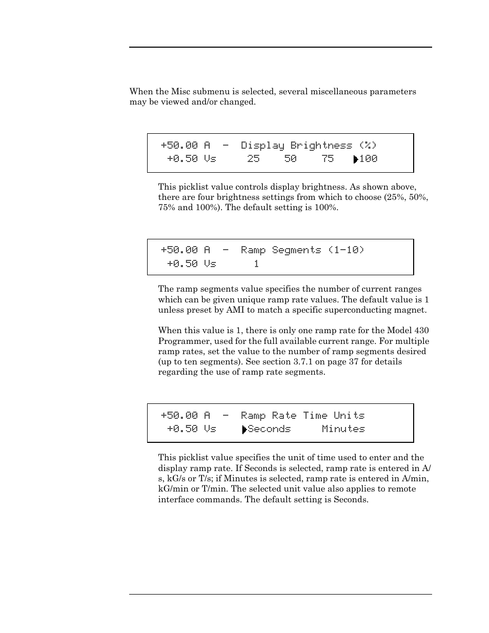 3 misc submenu, 1 display brightness, 2 ramp segments | 3 ramp rate time units | American Magnetics 03300PS-430-601 High Stability Integrated Power Supply System User Manual | Page 81 / 226