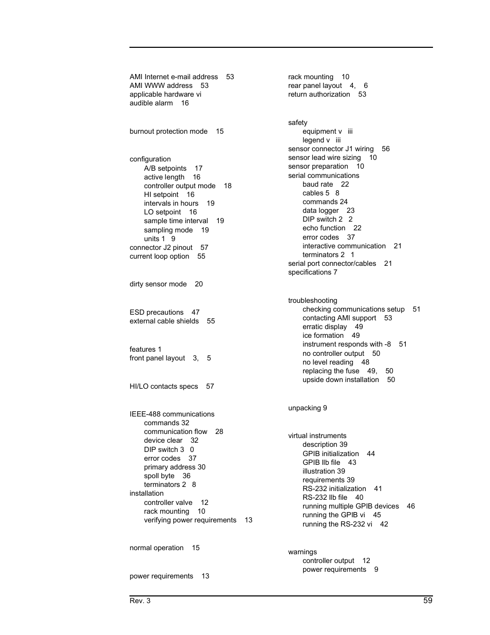 Index | American Magnetics 135 & 136 Liquid Helium Level Instruments (CE-Marked) User Manual | Page 71 / 72