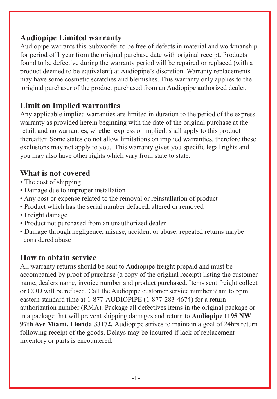 Audiopipe limited warranty, Limit on implied warranties, What is not covered | How to obtain service | Audiopipe TS-FA120 User Manual | Page 3 / 10