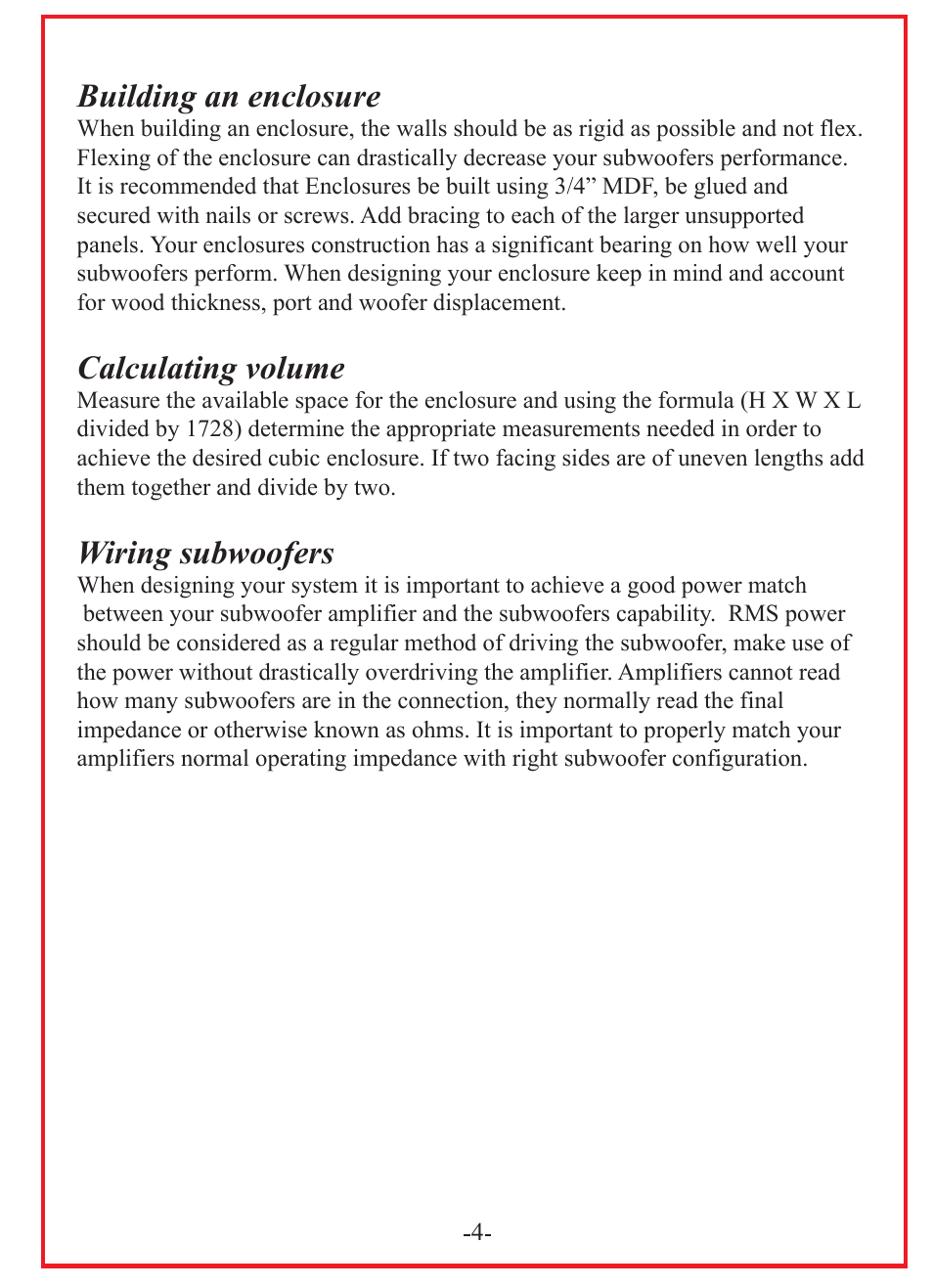 Building an enclosure, Calculating volume, Wiring subwoofers | Audiopipe TS-FA120 User Manual | Page 6 / 10
