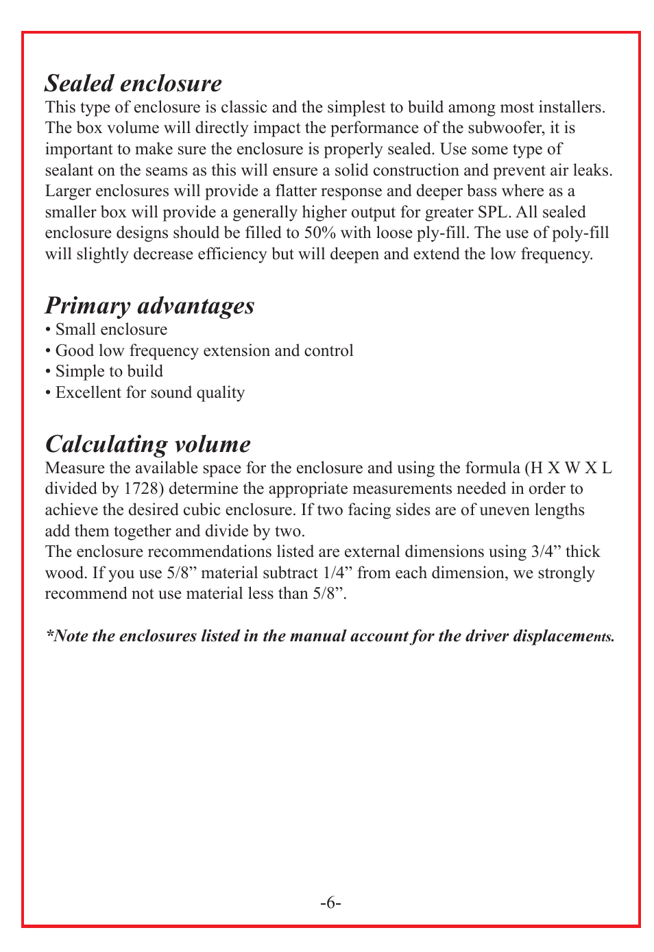 Sealed enclosure, Primary advantages, Calculating volume | Audiopipe TS-FA120 User Manual | Page 8 / 10