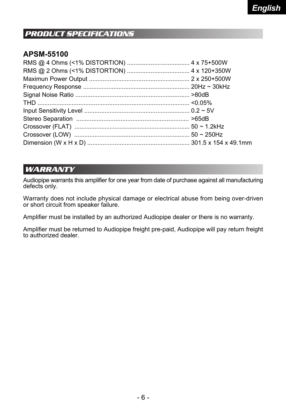 English | Audiopipe APSM-55100 User Manual | Page 7 / 7