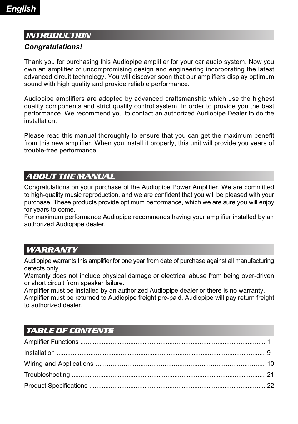 English | Audiopipe APSM-4050 es User Manual | Page 2 / 47
