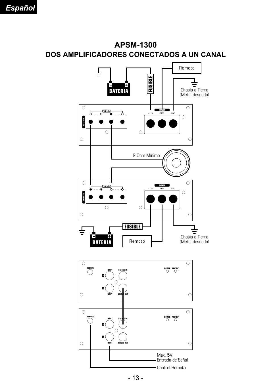 Apsm-1300, Dos amplificadores conectados a un canal | Audiopipe APSM-4050 es User Manual | Page 38 / 47