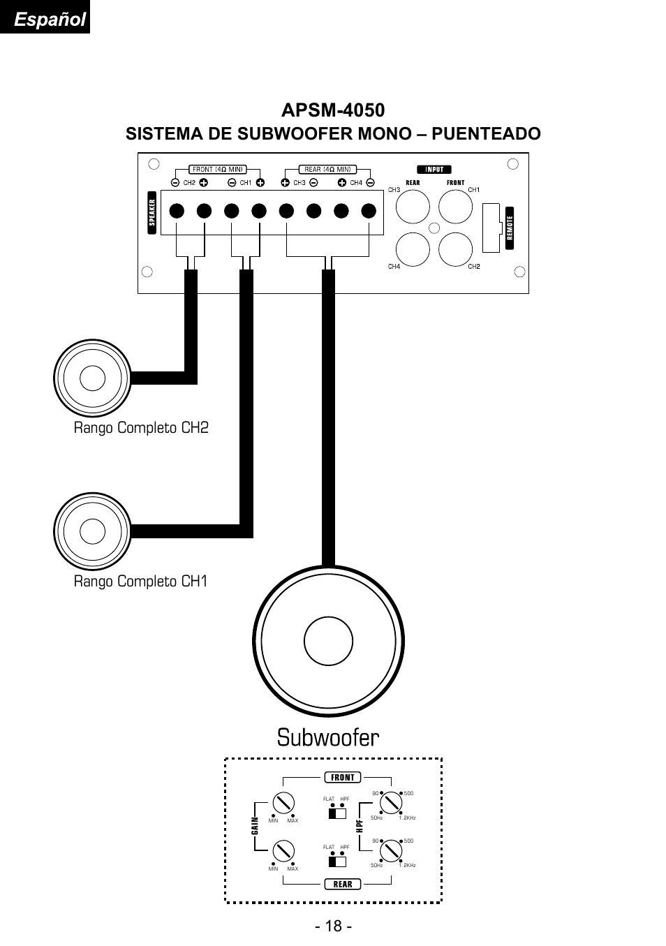 Apsm-4050, Sistema de subwoofer mono – puenteado, Rango completo ch2 rango completo ch1 | Audiopipe APSM-4050 es User Manual | Page 43 / 47