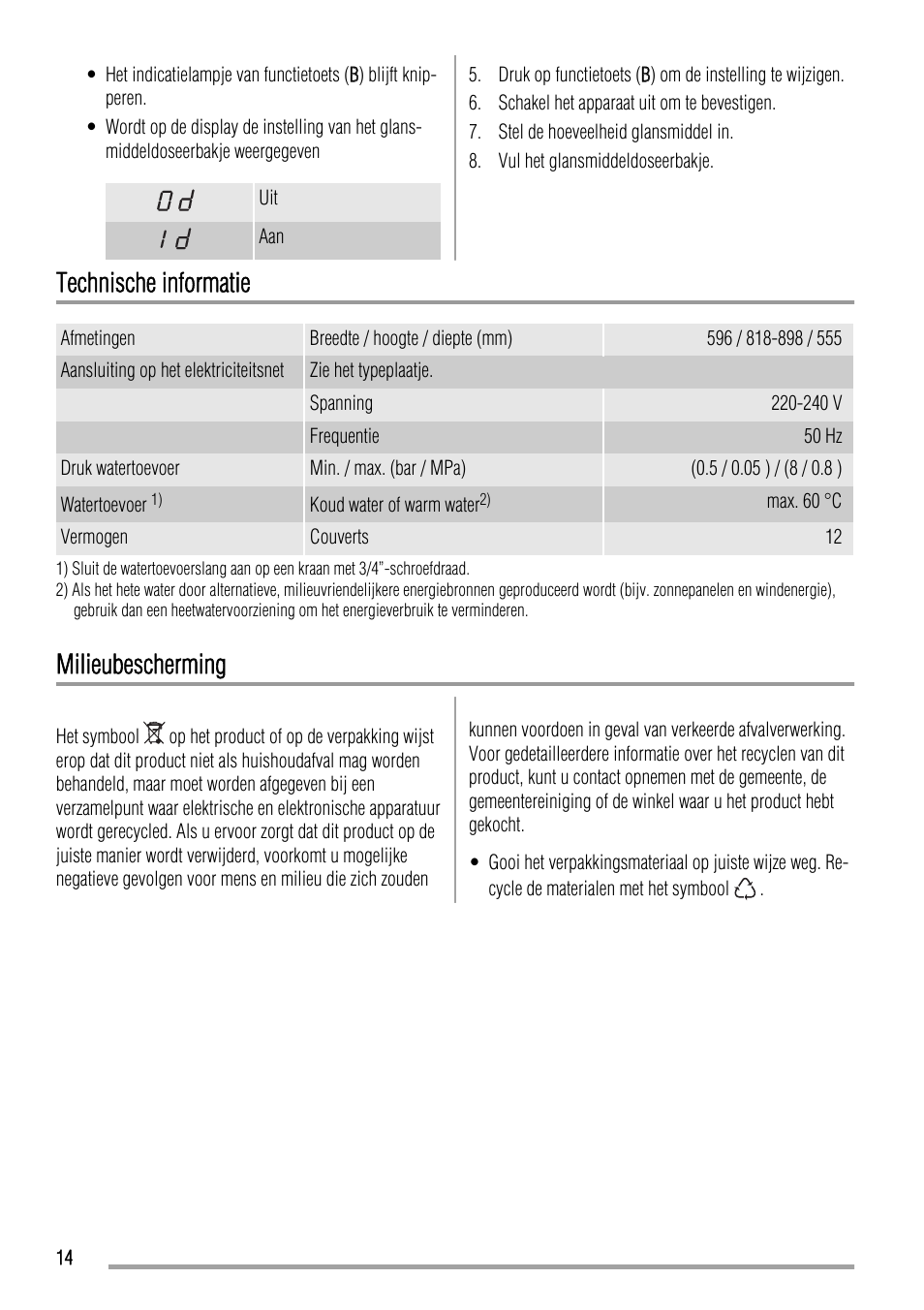 Technische informatie, Milieubescherming | Zanussi ZDT 16002 FA User Manual | Page 14 / 56