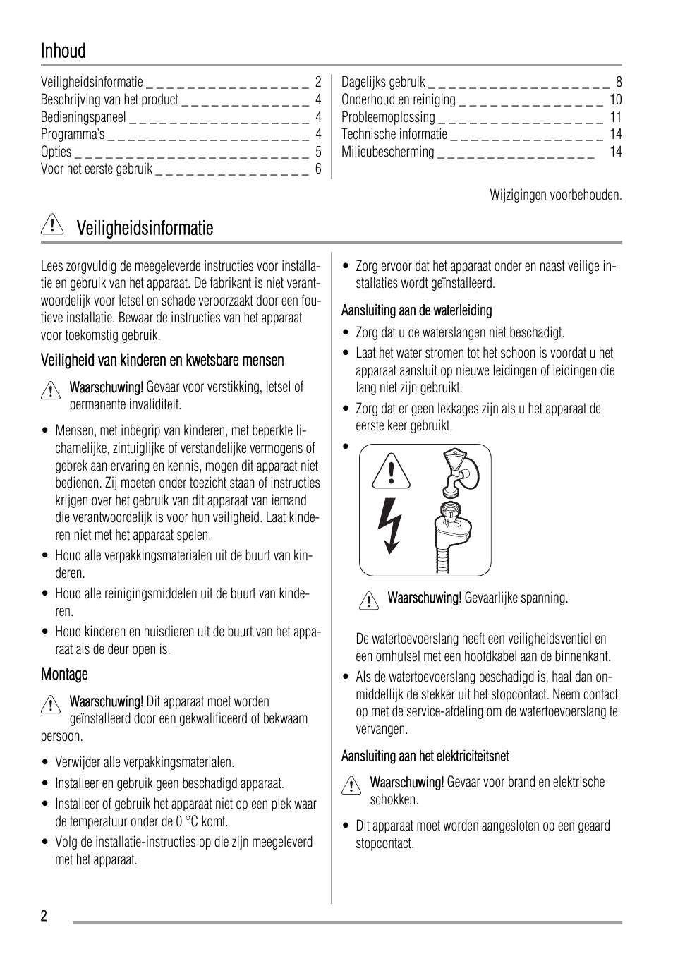 Inhoud, Veiligheidsinformatie | Zanussi ZDT 16002 FA User Manual | Page 2 / 56