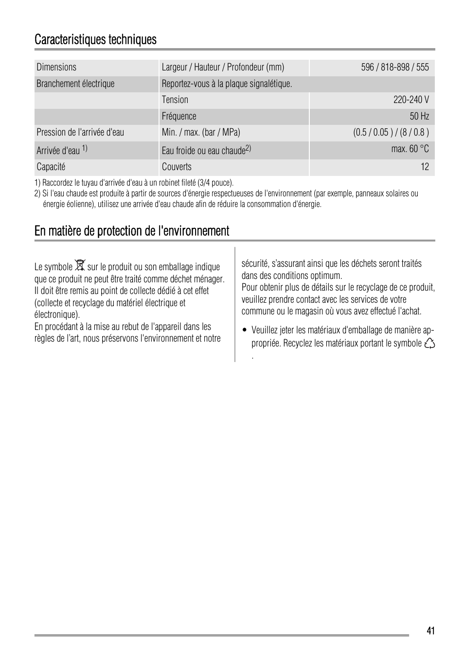 Caracteristiques techniques, En matière de protection de l'environnement | Zanussi ZDT 16002 FA User Manual | Page 41 / 56