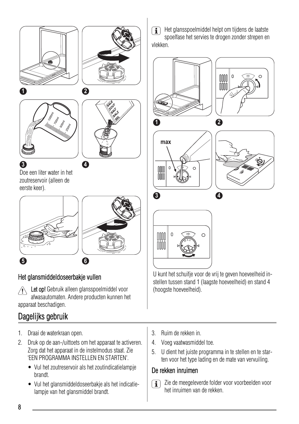 Ddagelijks gebruik, Hhet glansmiddeldoseerbakje vullen, De rekken inruimen | Zanussi ZDT 16002 FA User Manual | Page 8 / 56