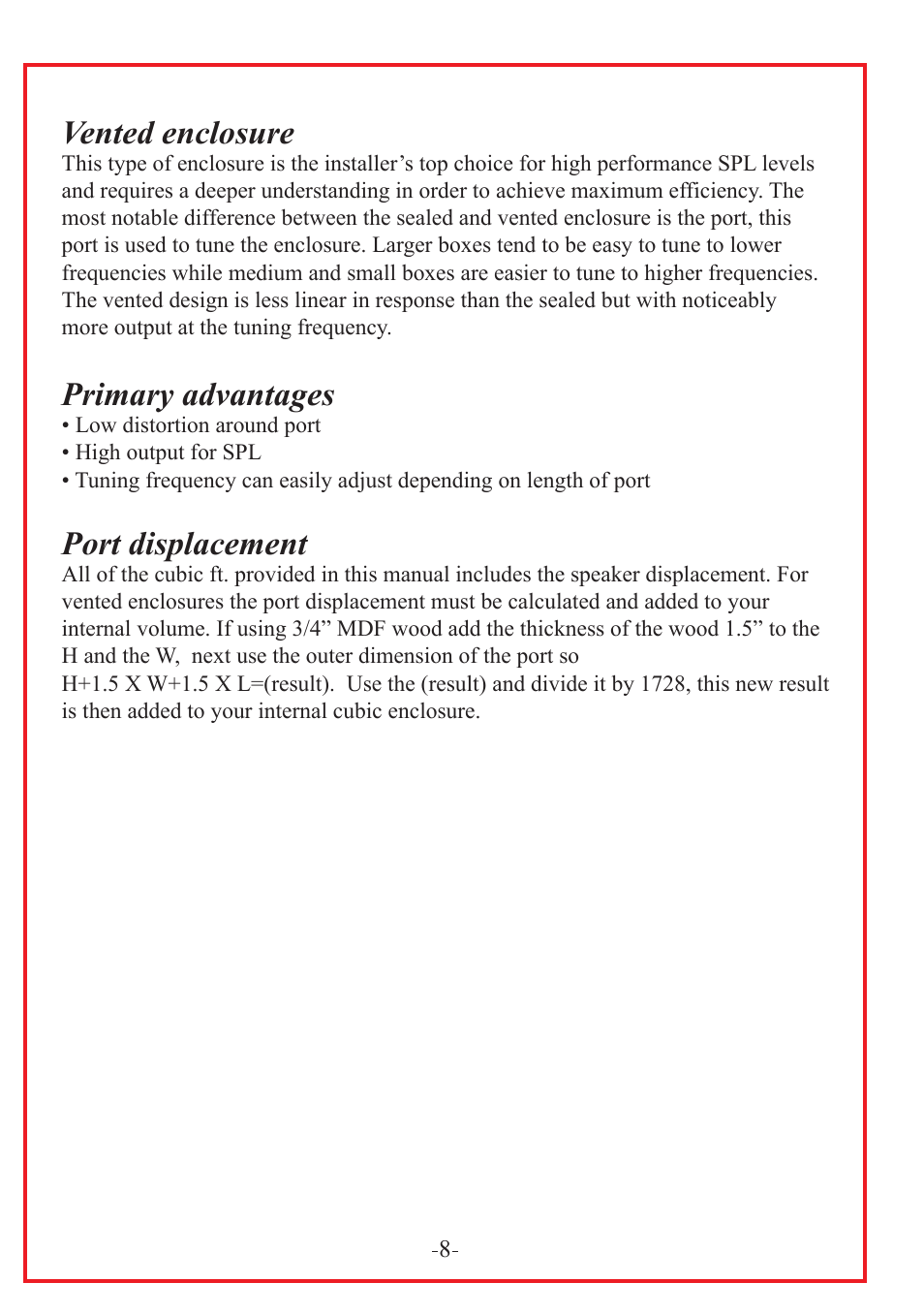 Vented enclosure, Primary advantages, Port displacement | Audiopipe TS-PC15 User Manual | Page 10 / 12